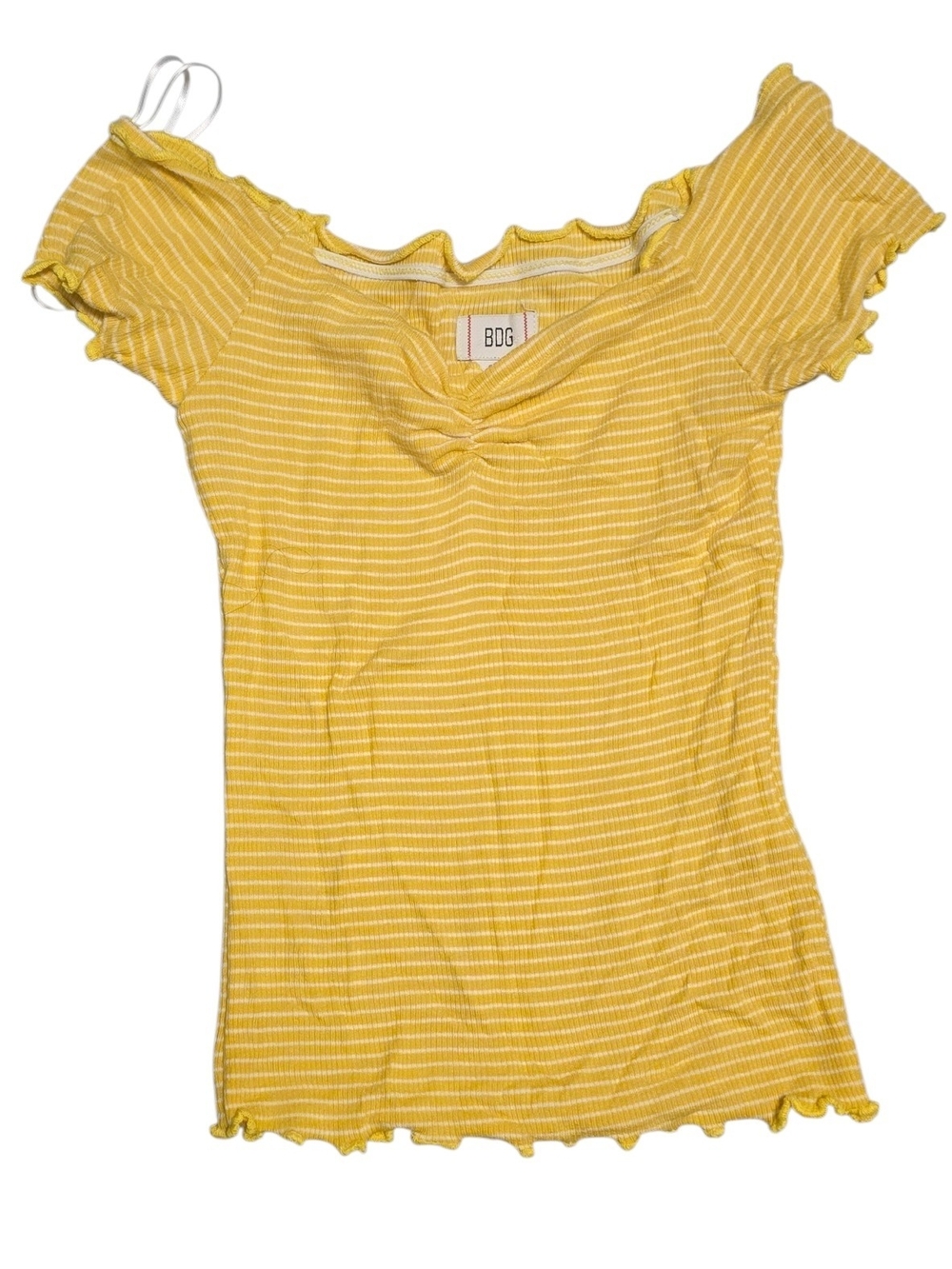 BDG Yellow Striped Ruffle Off-Shoulder Crop Top